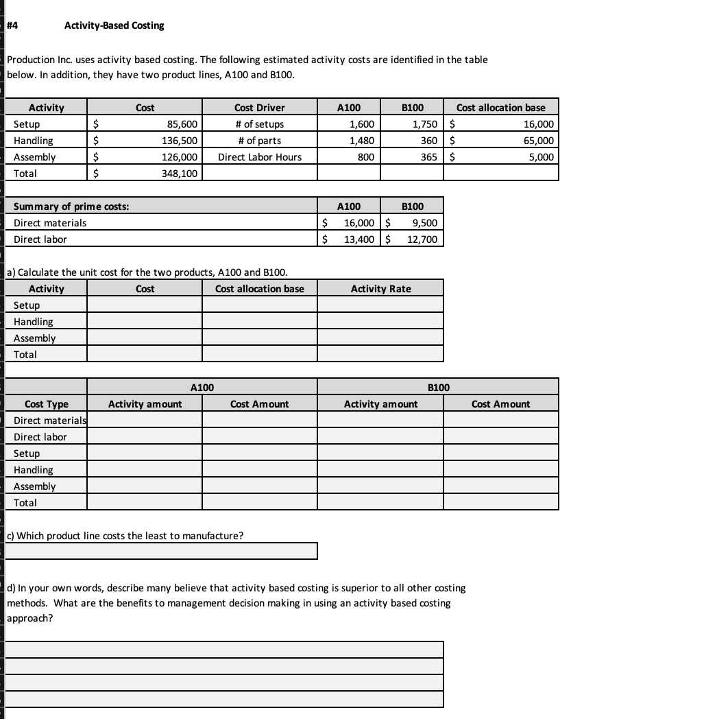  #4 Activity-Based Costing Production Inc. uses activity based costing. The following