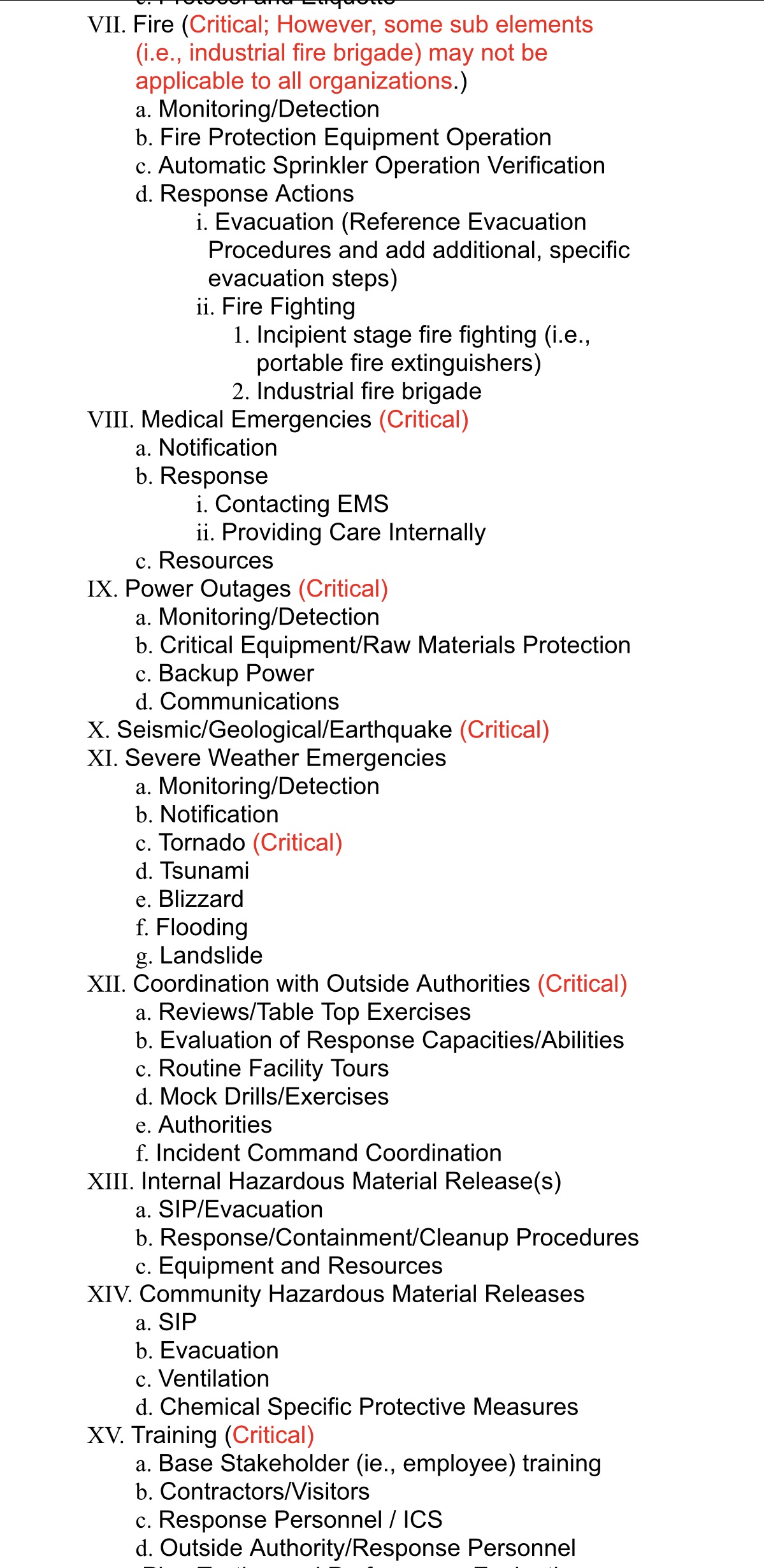Develop a emergency action plan that includes the following:VII. Fire (Critical; However,