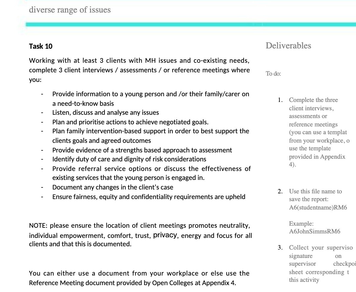  diverse range of issues Task 10 Deliverables Working with at least