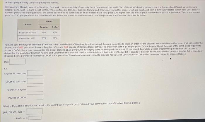  A linear programming computer package is needed, Homans Food Market, located