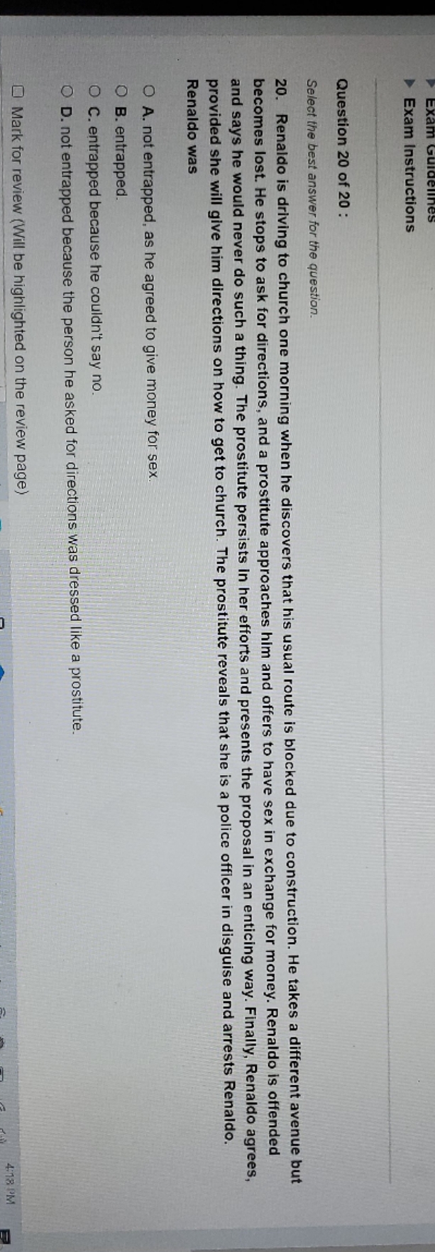 please help me answer this question Exam Instructions Question 20 of 20