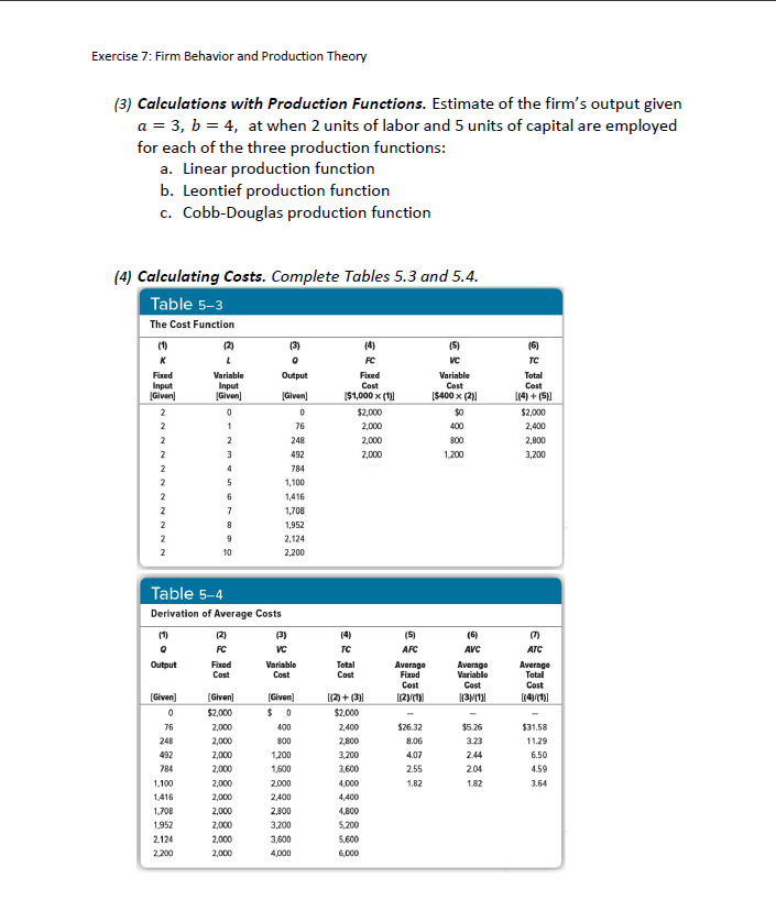Complete this table. Table 5-1 The Production Function (5) (5) AL T
