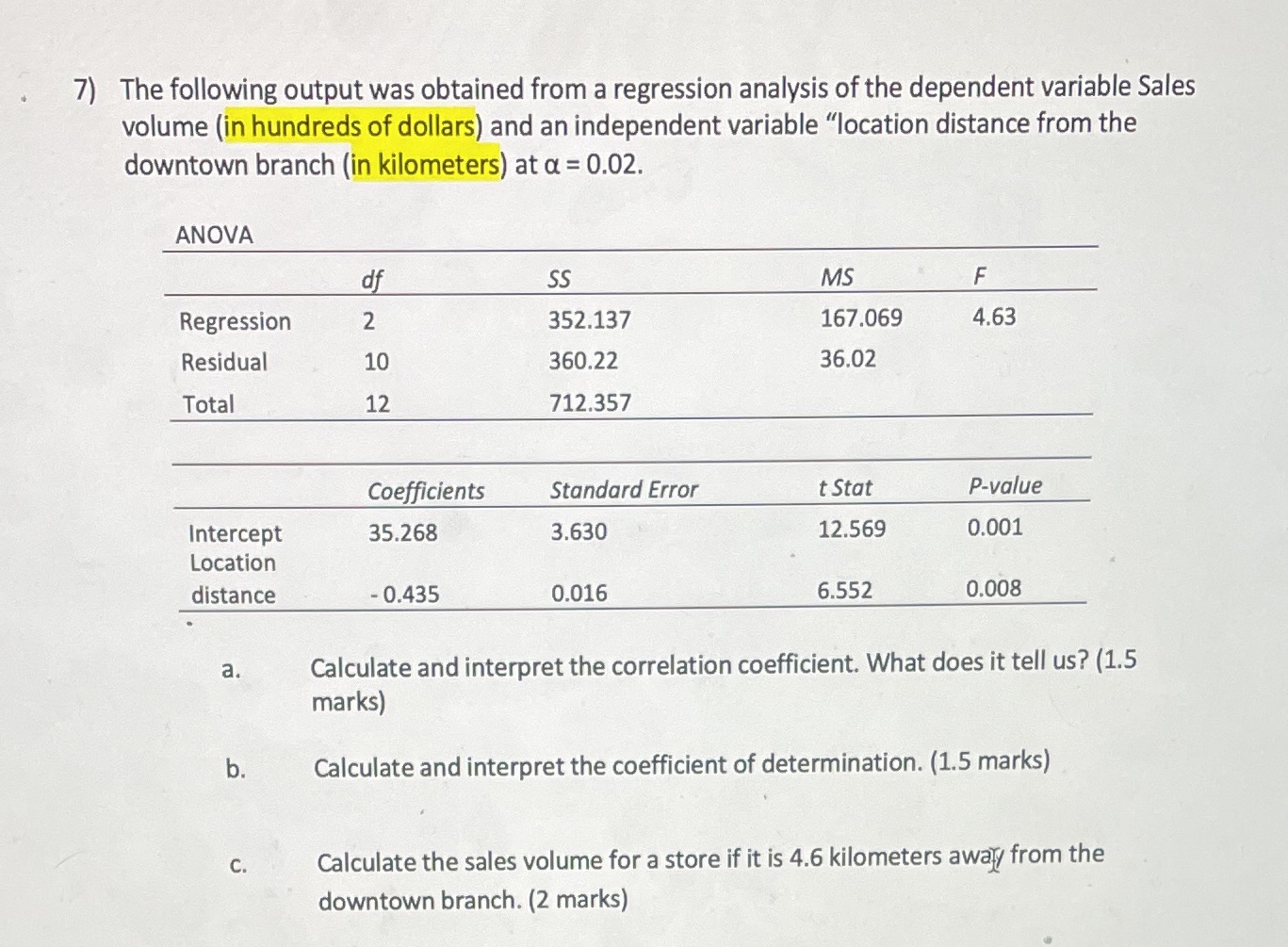  7) The following output was obtained from a regression analysis of