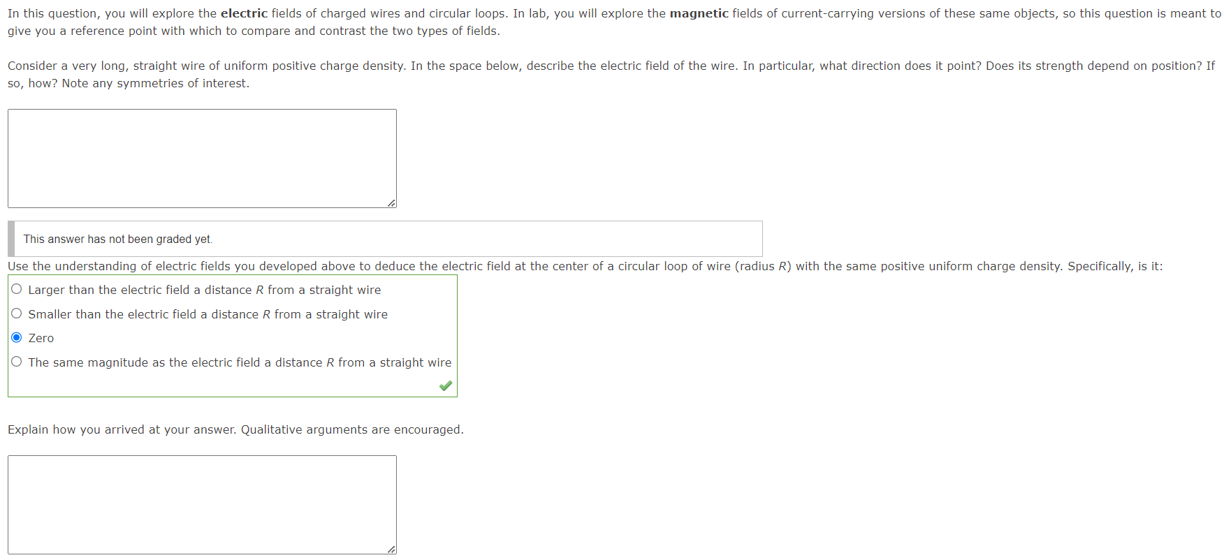 of a uniformly charged wire and the magnetic field in the center
