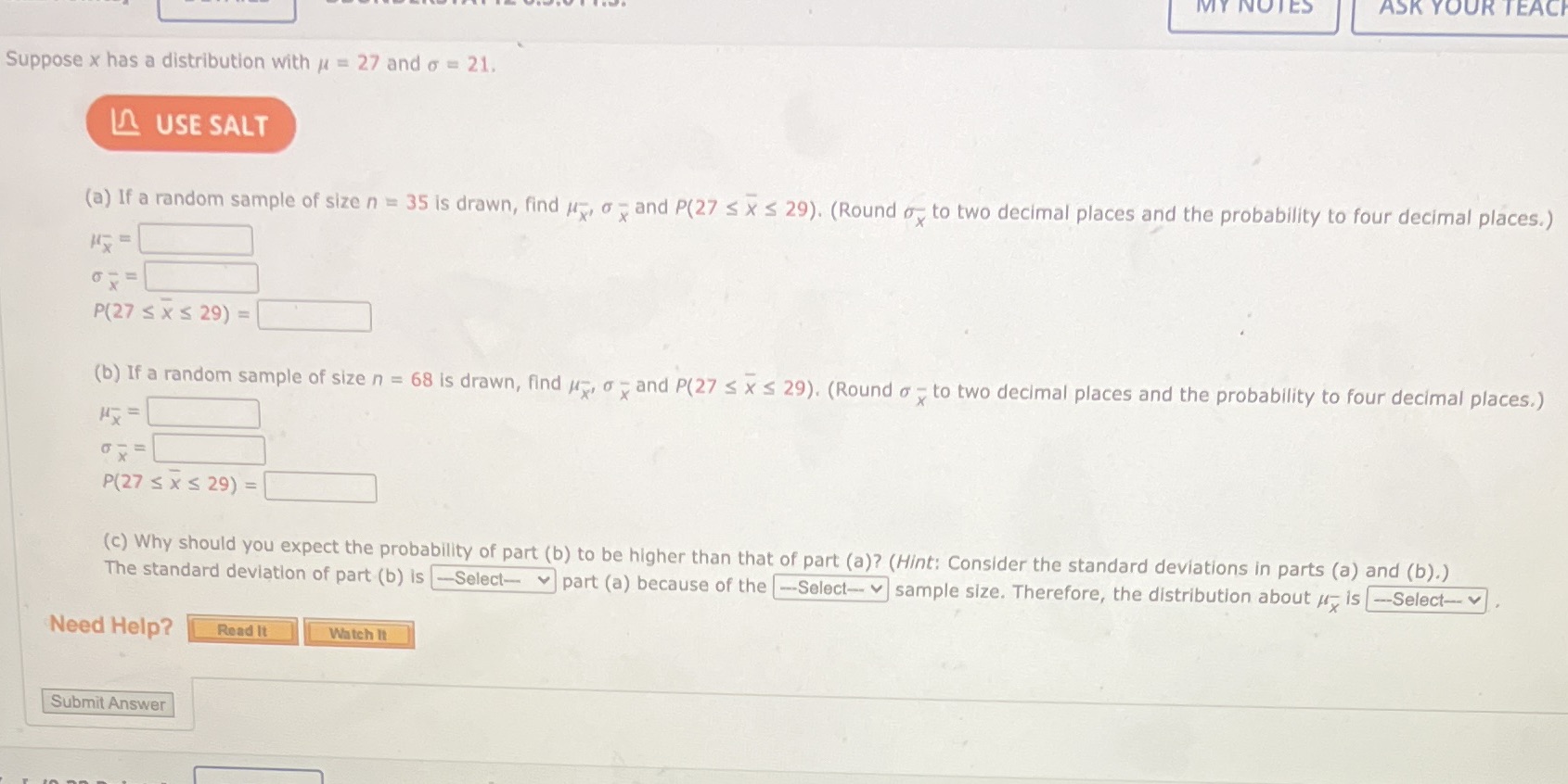 MY NOTES ASK YOUR TEAC Suppose x has a distribution with