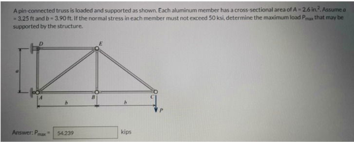 A pin-connected truss is loaded and supported as shown. Each aluminum