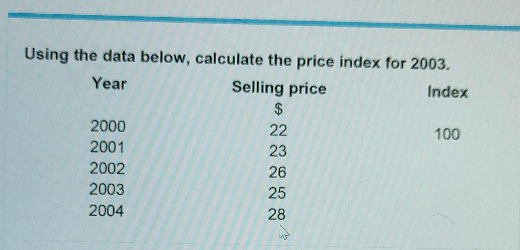 Using the data below, calculate the price index for 2003. Year