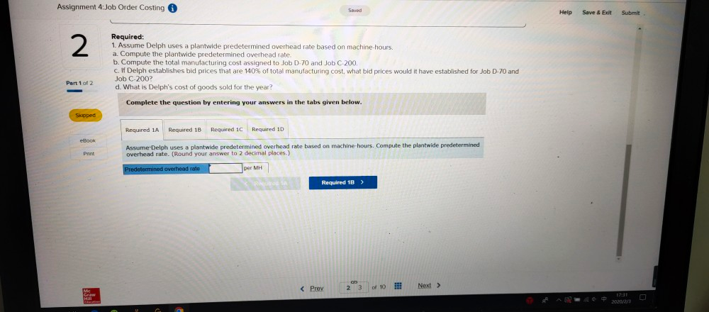 to the questions displayed below.] Delph Company uses a job-order costing system