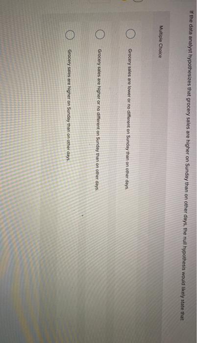  If the data analyst hypothesizes that grocery sales are higher on