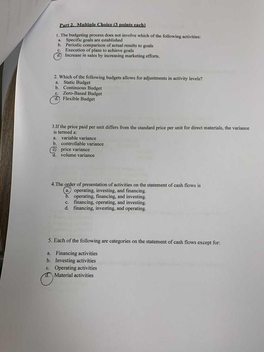 Part 2. Multiple Choice (3 points each) 1. The budgeting process