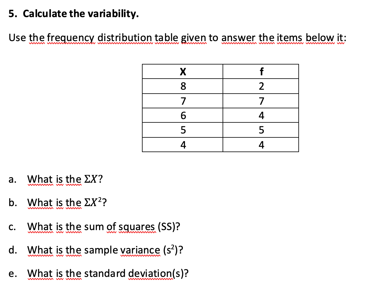 5. Calculate the variability. Use the frequency distribution table given to