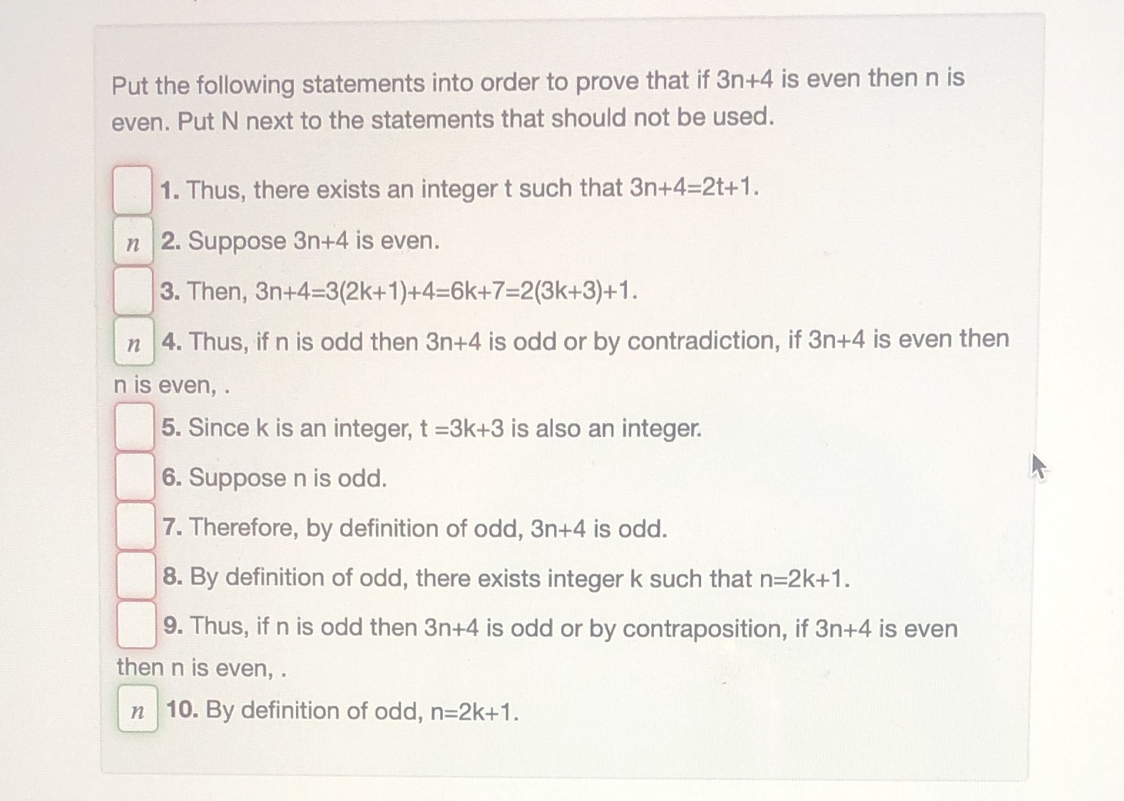 Proof (4) ' Put the following statements into order to prove that