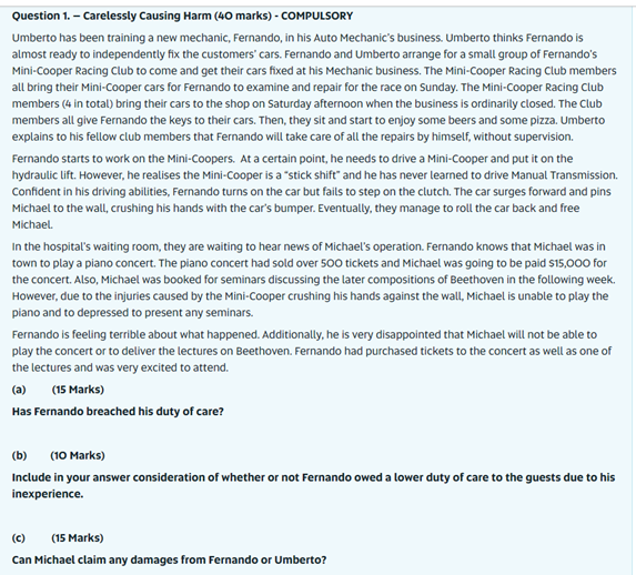 Question 1. - Carelessly Causing Harm (40 marks) - COMPULSORY Umberto