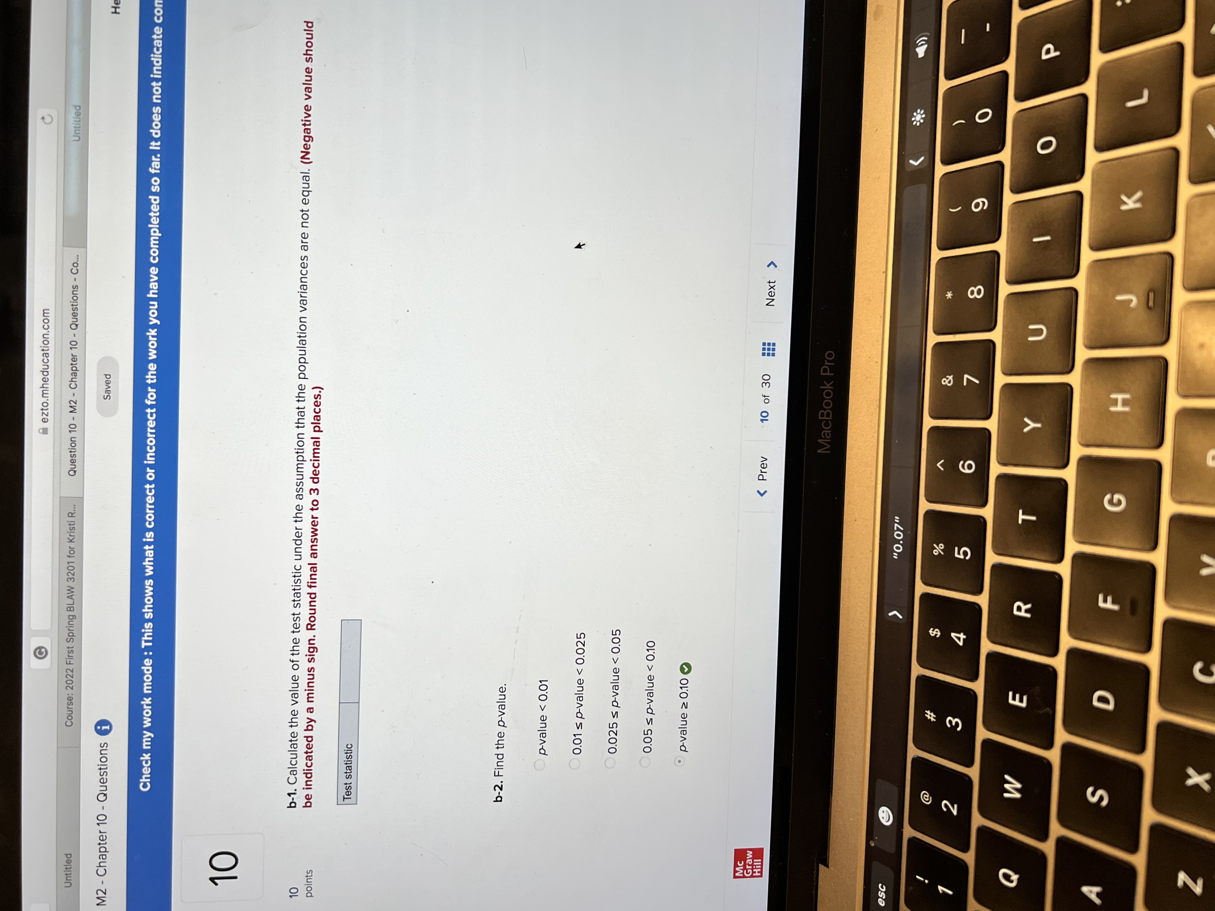 G " ezto.mheducation.com Course: 2022 First Spring BLAW 3201 for Kristi