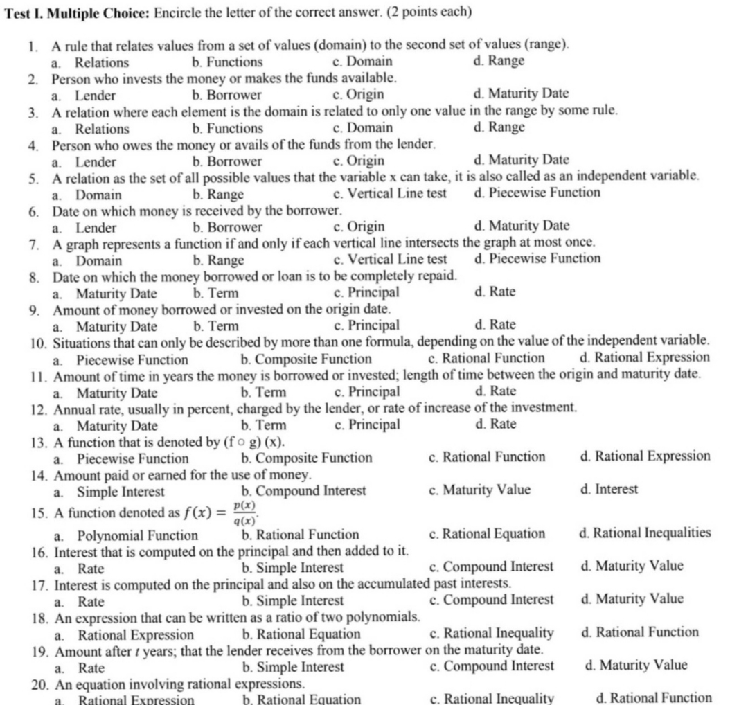 circle the answer Test I. Multiple Choice: Encircle the letter of the