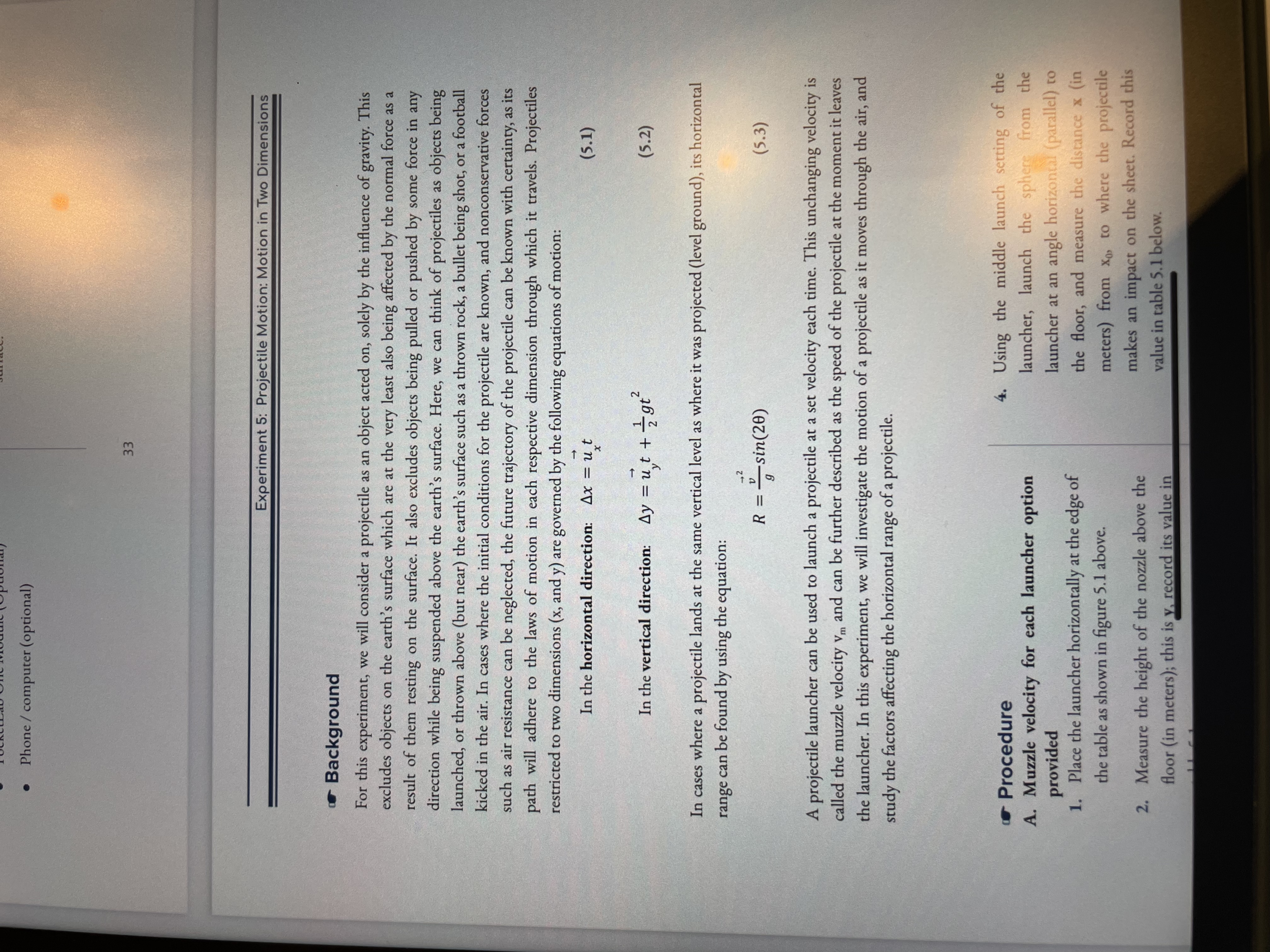  Phone / computer (optional) 33 Experiment 5: Projectile Motion: Motion in