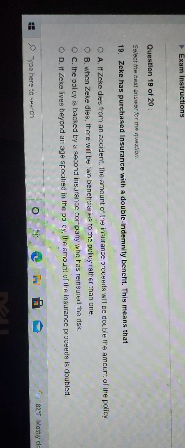 please help me answer this question Exam Instructions Question 19 of 20