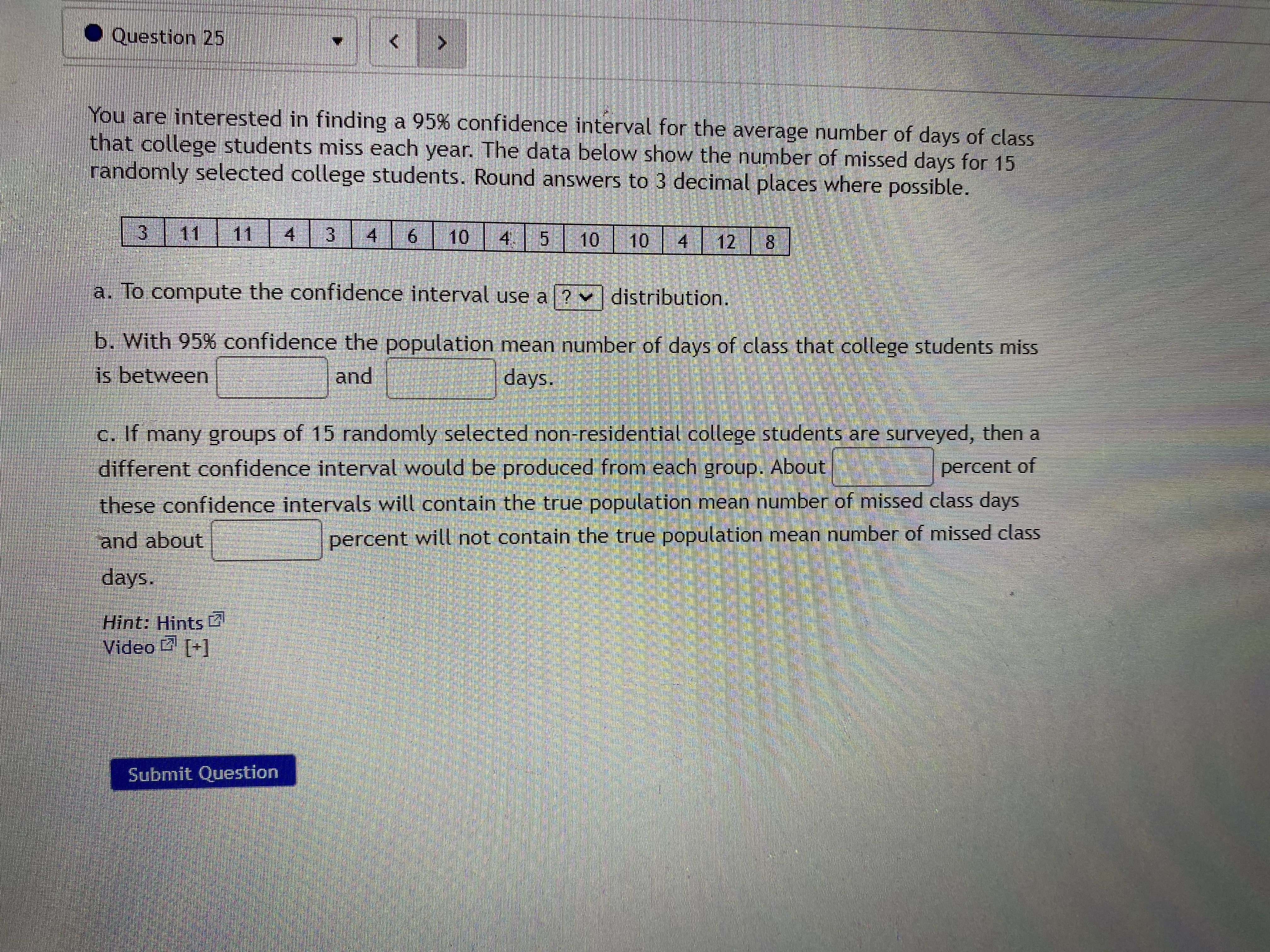 average number of days of class that college students miss each year.