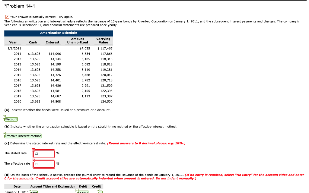  *Problem 14-1 Your answer is partially correct. Try again. The following