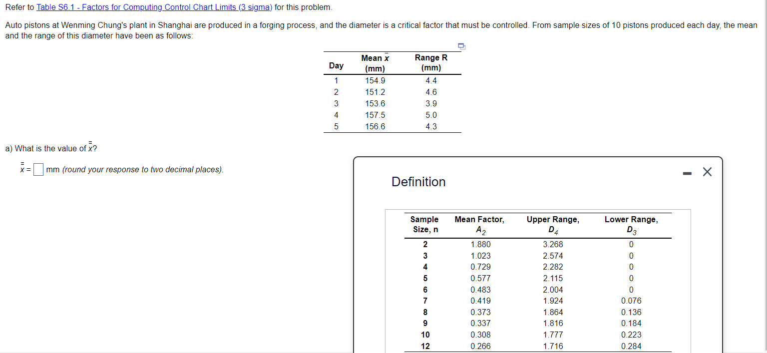  Refer to Table S6.1 - Factors for Computing Control Chart Limits