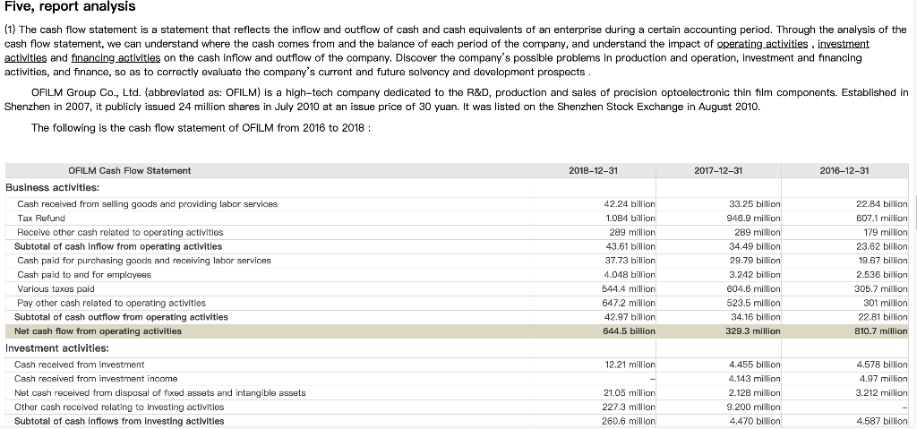 Five, report analysis (1) The cash flow statement is a statement