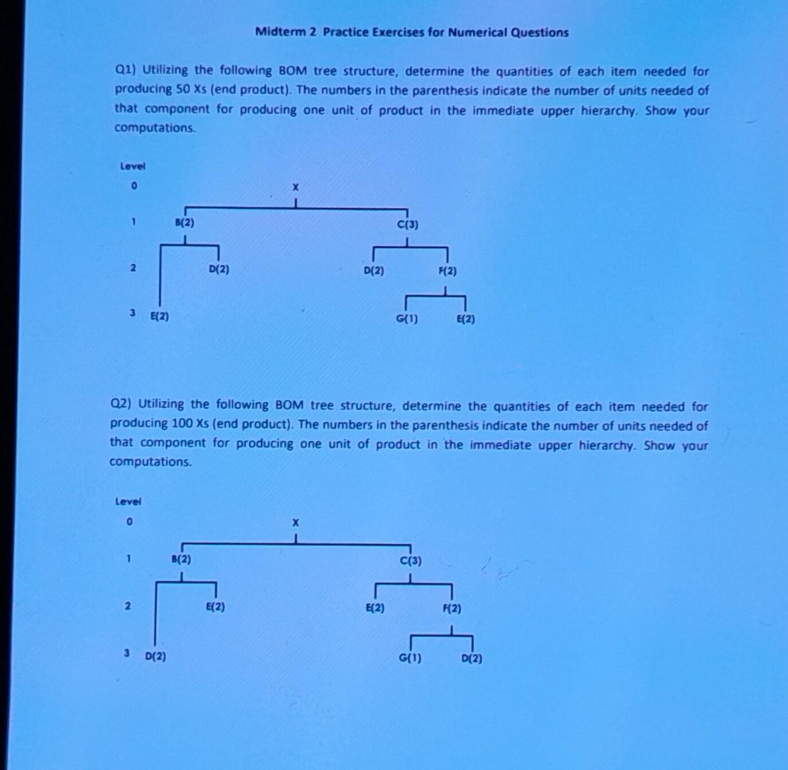  Q1) Utilizing the following BOM tree structure, determine the quantities of
