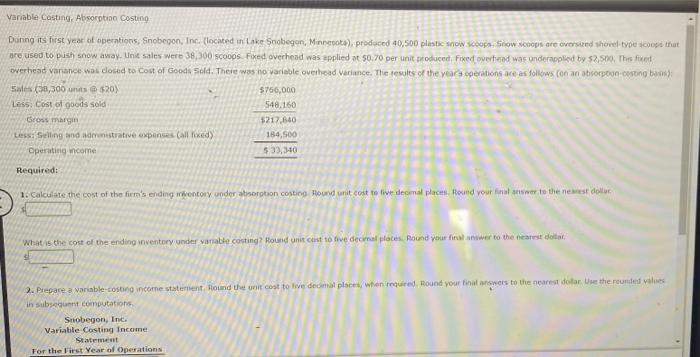  Variable casting, Absorption costing During its first year of operations, Snobegon,