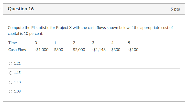 Question 16 5 pts Compute the Pl statistic for Project X
