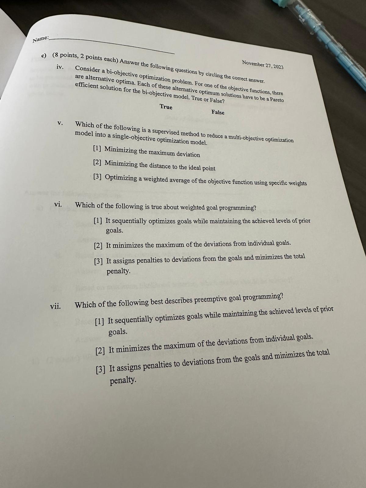  c)(8 points, 2 points each) Answer the following questions by circling