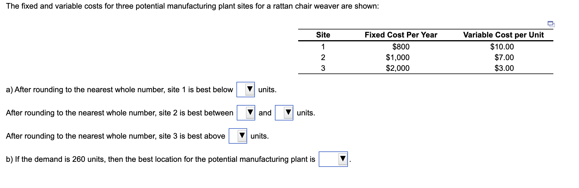  The fixed and variable costs for three potential manufacturing plant sites