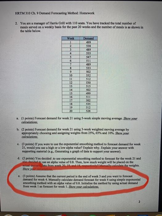 just question e please! HRTM 310 Ch. 9 Demand Forecasting Method: Homework