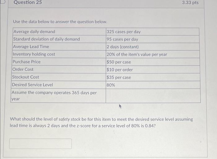  Question 25 Use the data below to answer the question below.