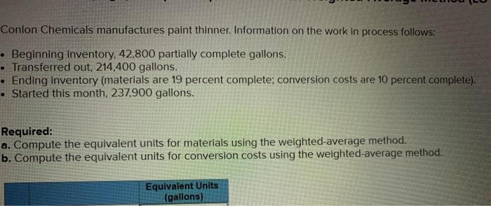 Chemicals manufactures paint thinner. Information on the work in process follows: Beginning