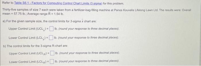  Refer to Table S6.1 - Factors for Computing Control Chart Limits
