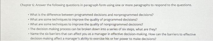  Chapter 6: Answer the following questions in paragraph form using one