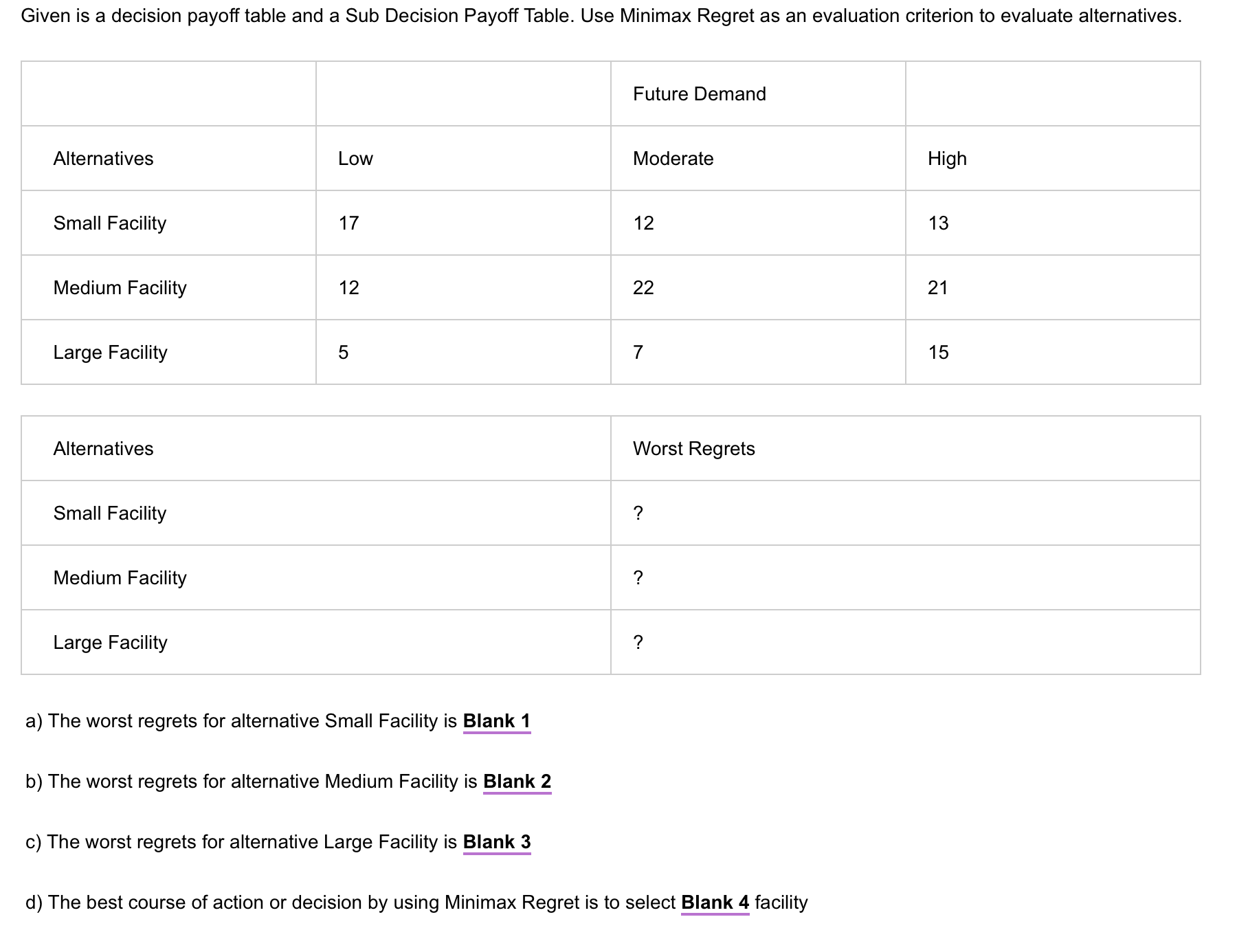  Given is a decision payoff table and a Sub Decision Payoff