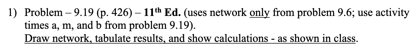  1) Problem -9.19 (p. 426) - 11'th Ed. (uses network only