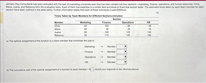 match each team member to the function that minimizes cost and solve