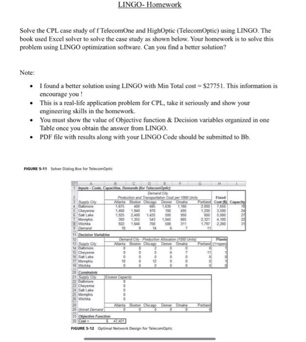 please solve this using Lingo programm Solve the CPL case study of