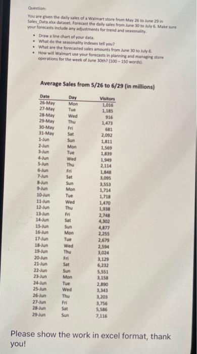 Answer the following questions using excel. Show and explain all neccessary steps
