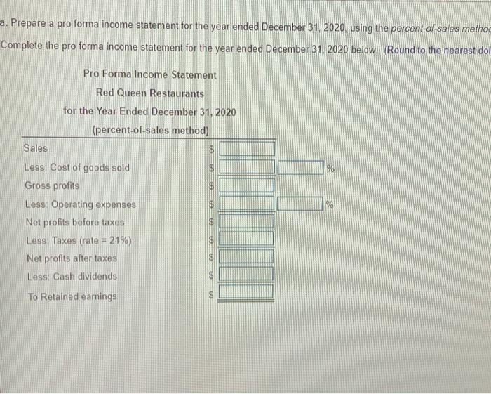 in spreadsheet) Red Queen Restaurants Income Statement D for the Year Ended