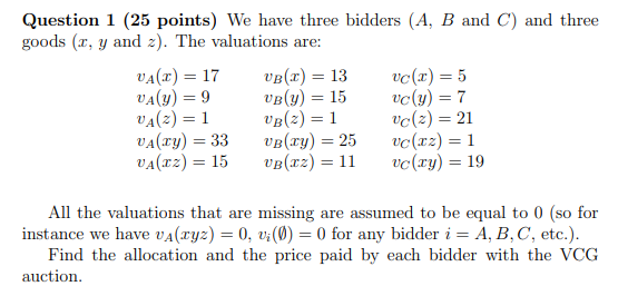 Question 1 (25 points) We have three bidders (A, B and C)