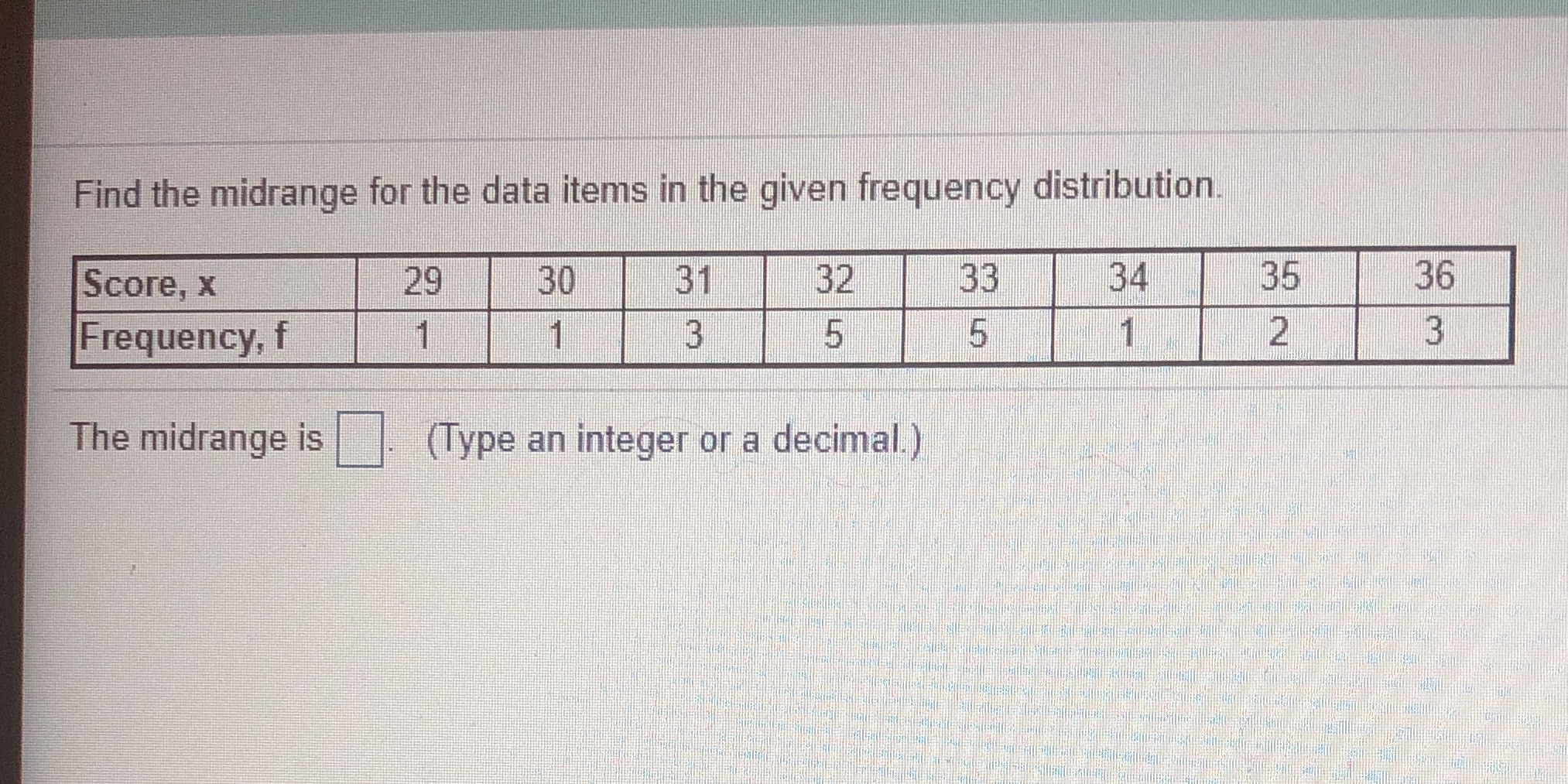Find the midrange for the data items in the given frequency