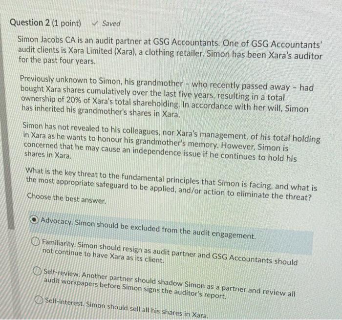  Question 2 (1 point) Saved Simon Jacobs CA is an audit
