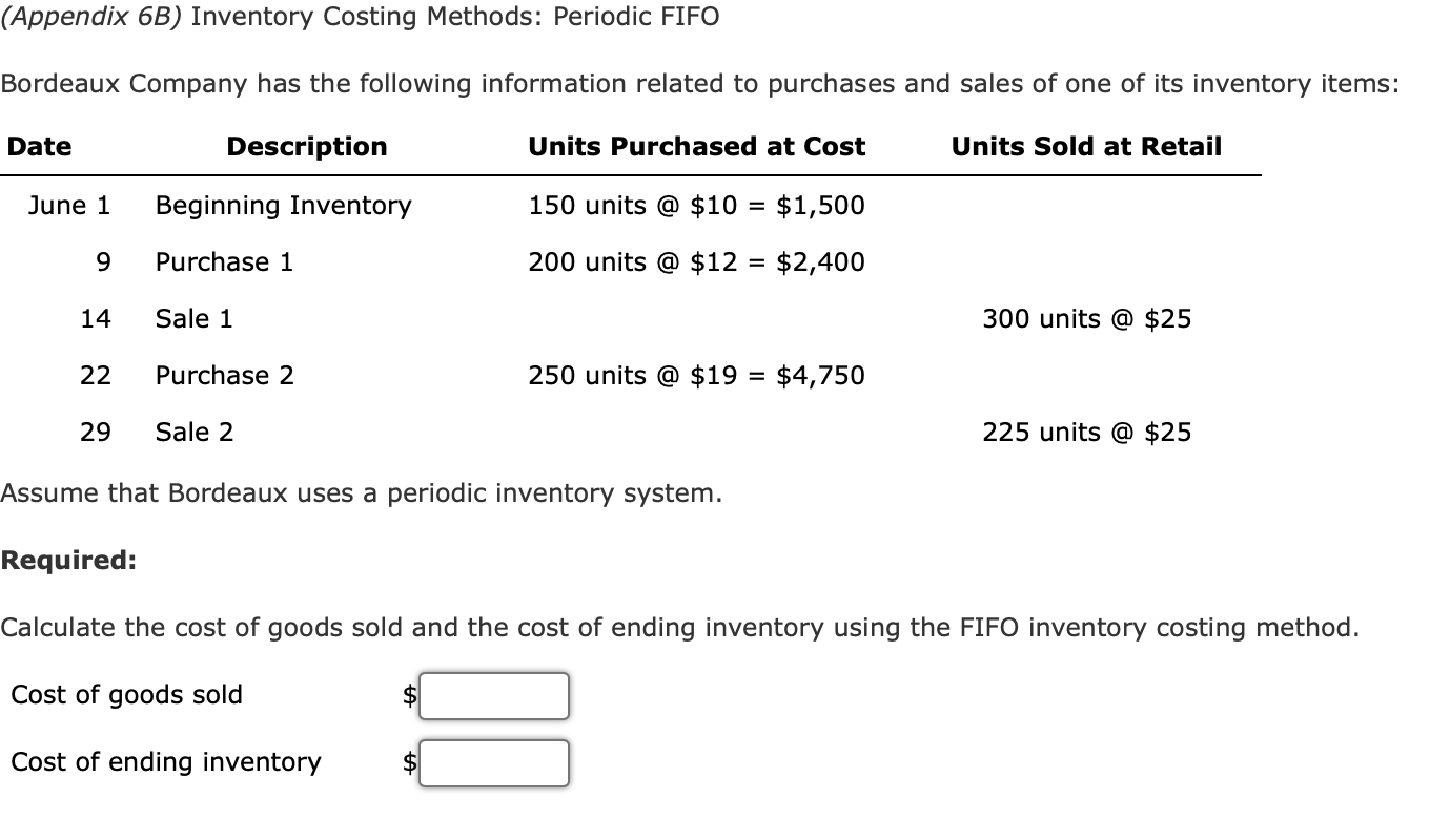 (Appendix 6B) Inventory Costing Methods: Periodic FIFO Bordeaux Company has the following