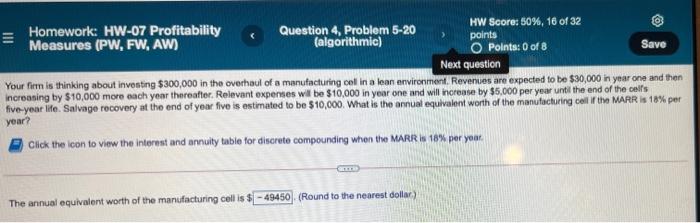 (PW, FW, AW) Question 3, Problem 5-22 (algorithmic) Part 1 of 2