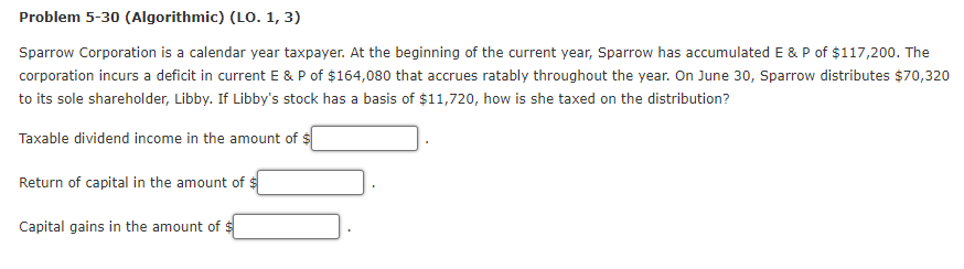  Problem 5-30 (Algorithmic) (LO. 1, 3) Sparrow Corporation is a calendar