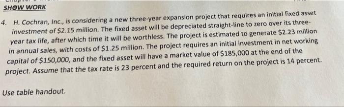  SHOW WORK 4. H. Cochran, Inc., is considering a new three-year