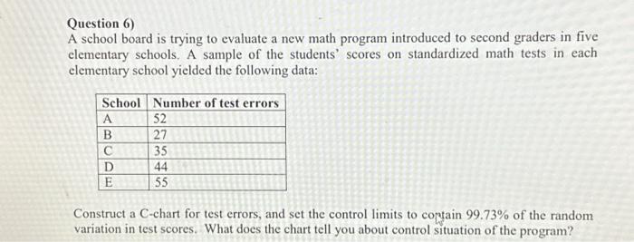 Question 6) A school board is trying to evaluate a new