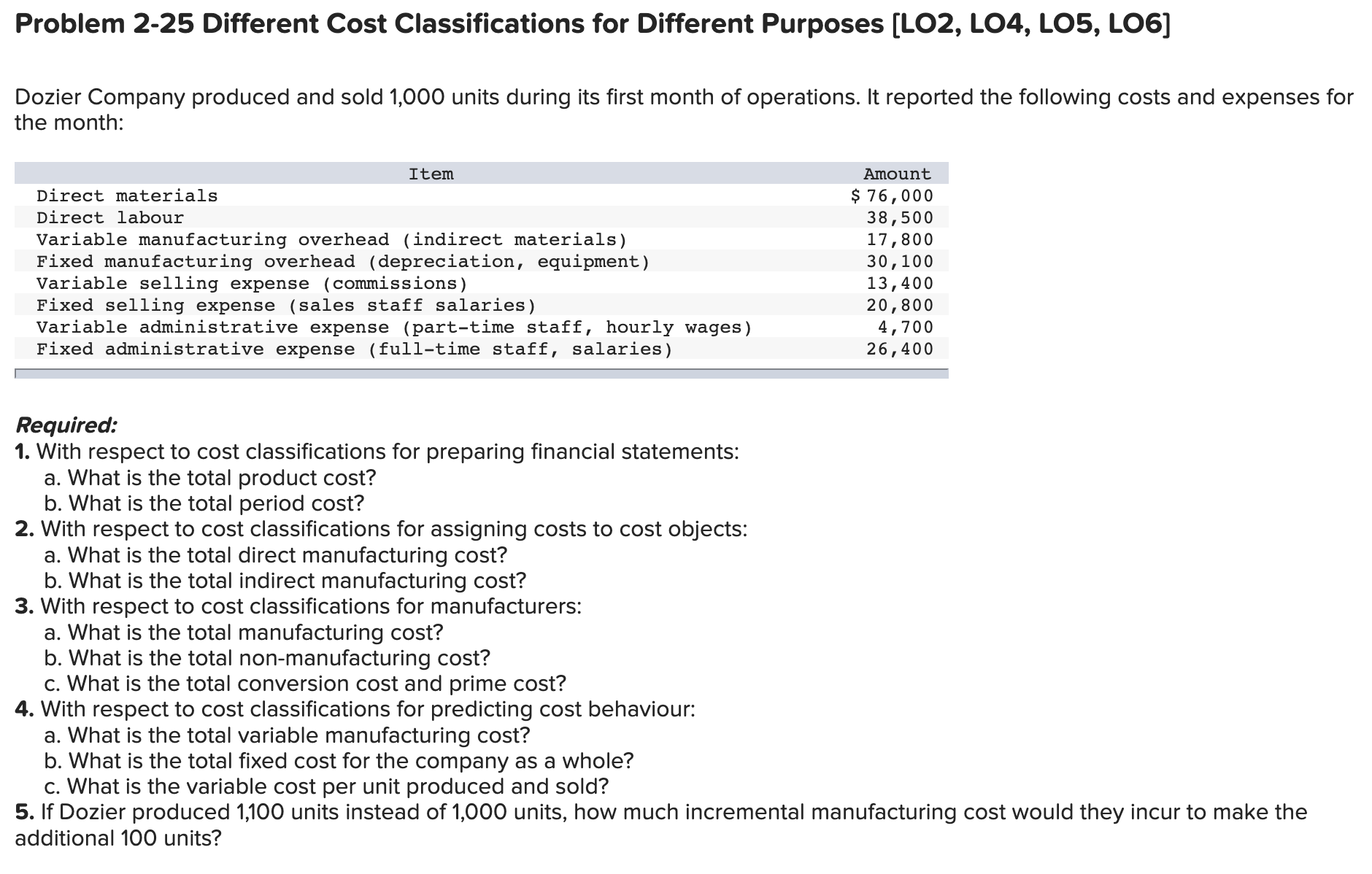  Problem 2-25 Different Cost Classifications for Different Purposes [L02, L04, L05,
